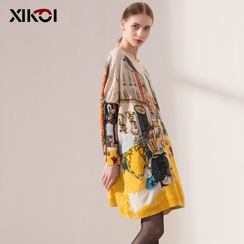 XIKOI Women New Knitted Oversized Sweaters Dress Novel Elegant Ladies Print Winter Warm Long Pullovers Loose Clothing Pull Femme