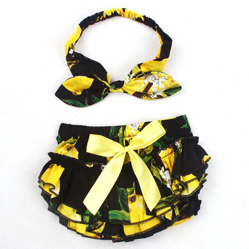 Baby Bloomers Baby Girl Ruffle Diaper Cover And Headband Set Toddler Cotton Fruit Pattern Bowknot Tutu Shorts 2 Colors YC029