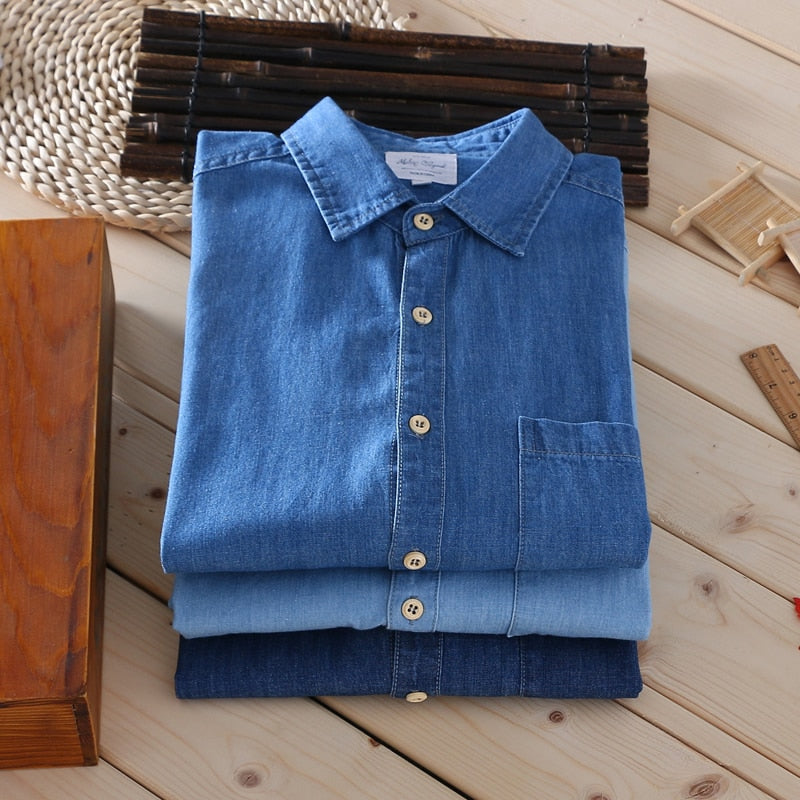 2022 Schinteon Men 100% Slub Cotton Shirt Long Sleeve Casual Denim Comfortable Shirt Autumn New Arrival Jeans
