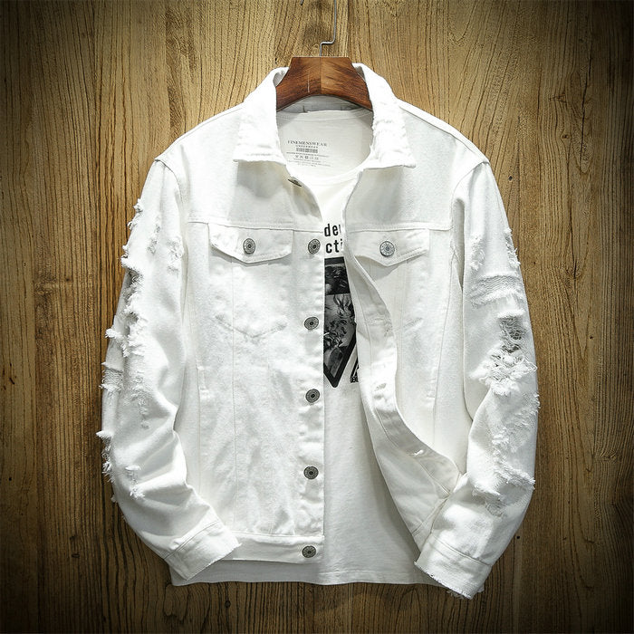 2022 Autumn New Men's Jean Jacket Slim Fit Cotton Denim Jacket Red White Black Ripped Hole Jean Coats Men Outwear Youth Men 5XL
