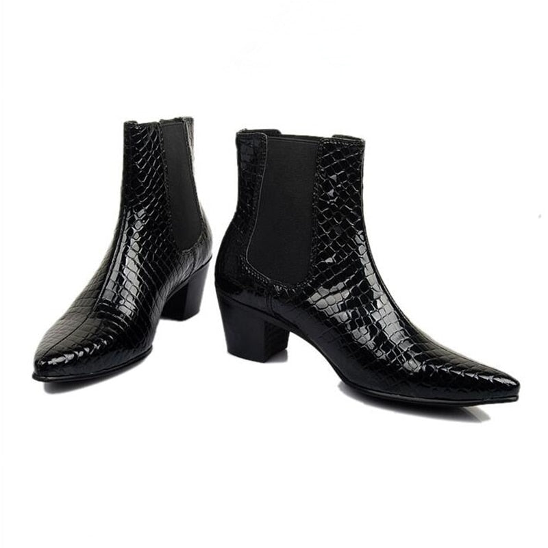 HOT !!! Genuine Leather Men's Pointed Toe Heels Trendy Man Slip-on Riding Boots Winter Heighten Shoes