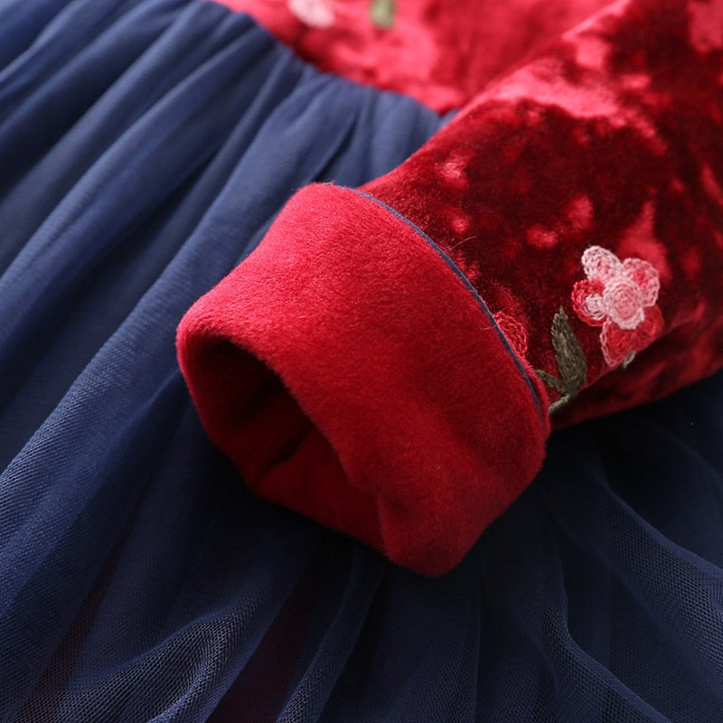 2021 Winter 2-12 Years Teenage New Year Embroidery Lace Red Traditional Chinese Garments Tang Kids Baby Girls Plus Velvet Dress