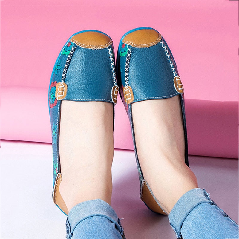 2020 Fashion Women Flats Genuine Leather Shoes Women Slip On Ballet Women Flats Print Woman Shoes Moccasins Loafers Shoes Flower