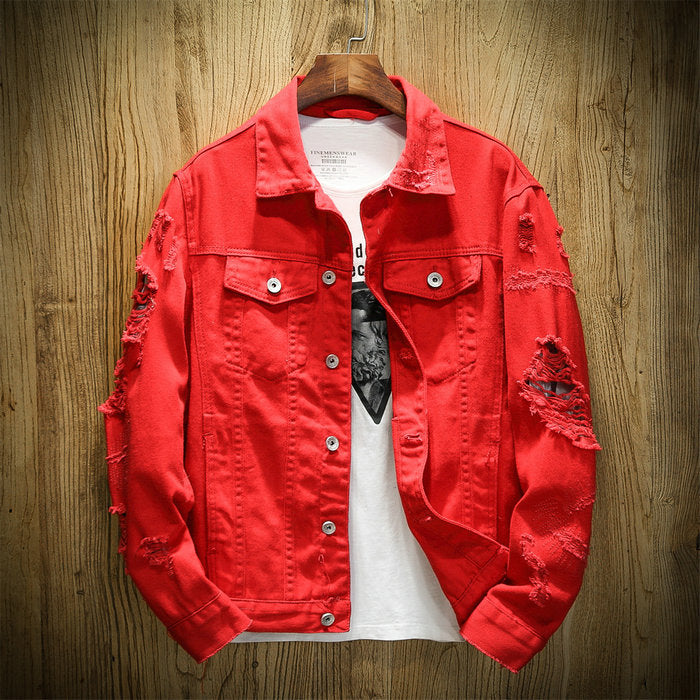 2022 Autumn New Men's Jean Jacket Slim Fit Cotton Denim Jacket Red White Black Ripped Hole Jean Coats Men Outwear Youth Men 5XL