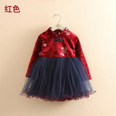 2021 Winter 2-12 Years Teenage New Year Embroidery Lace Red Traditional Chinese Garments Tang Kids Baby Girls Plus Velvet Dress