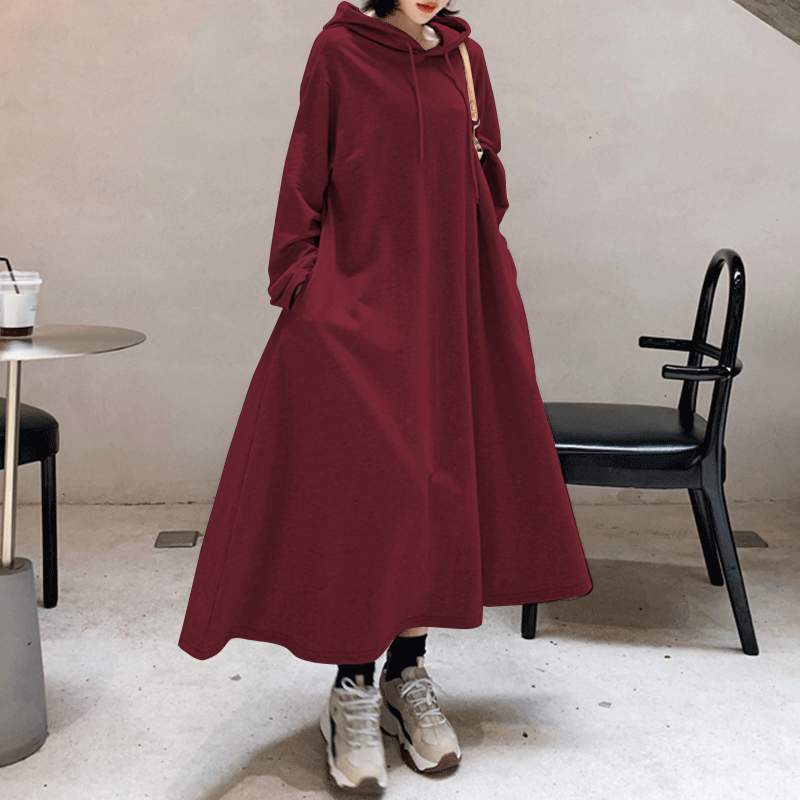 2022 Autumn Long Sweatshirts Dress ZANZEA Casual Solid Hooded Sundress Women Hoodies Long Sleeve Vestido Female Robe