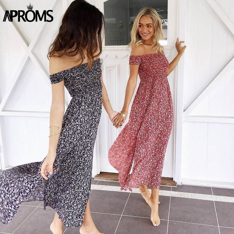 Aproms Sweet Pleated Tube Tunic Maxi Dress Red Floral Off Shoulder High Split Beach Dress Summer 2021 Boho Cool Girls Sundresses