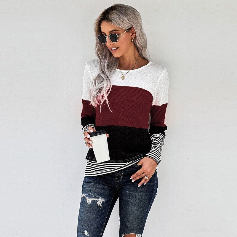 Autumn And Winter Woman Knitted Clothes Sweaters Stitching Color Long Sleeve Winter Blouses For Top Clothing For Women's 2021