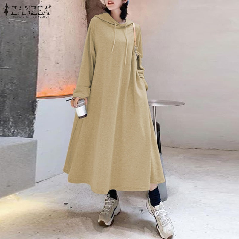 2022 Autumn Long Sweatshirts Dress ZANZEA Casual Solid Hooded Sundress Women Hoodies Long Sleeve Vestido Female Robe