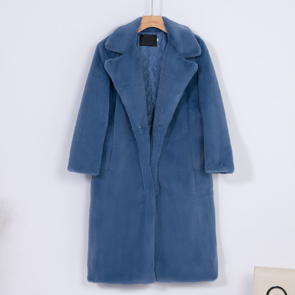 2021 New Women Winter Warm Faux Fur Coat Thick Women Long Coat Turn Down Collar Women Warm Coat With Belt Casaco Feminino