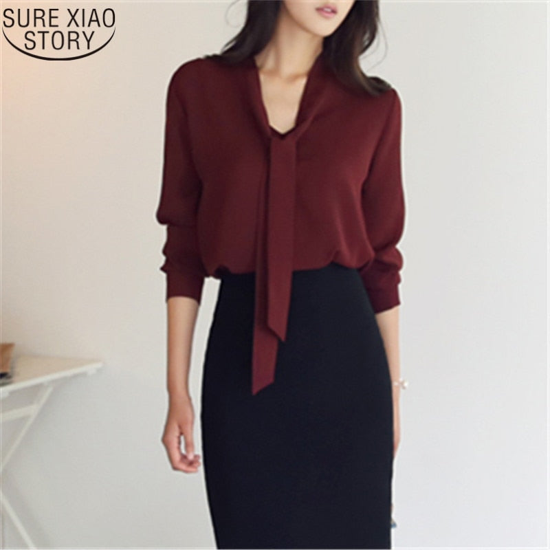2022 autumn women clothing long sleeve bow tie women shirts Korean loose chiffon blouse shirt women solid color blouse 699C 30