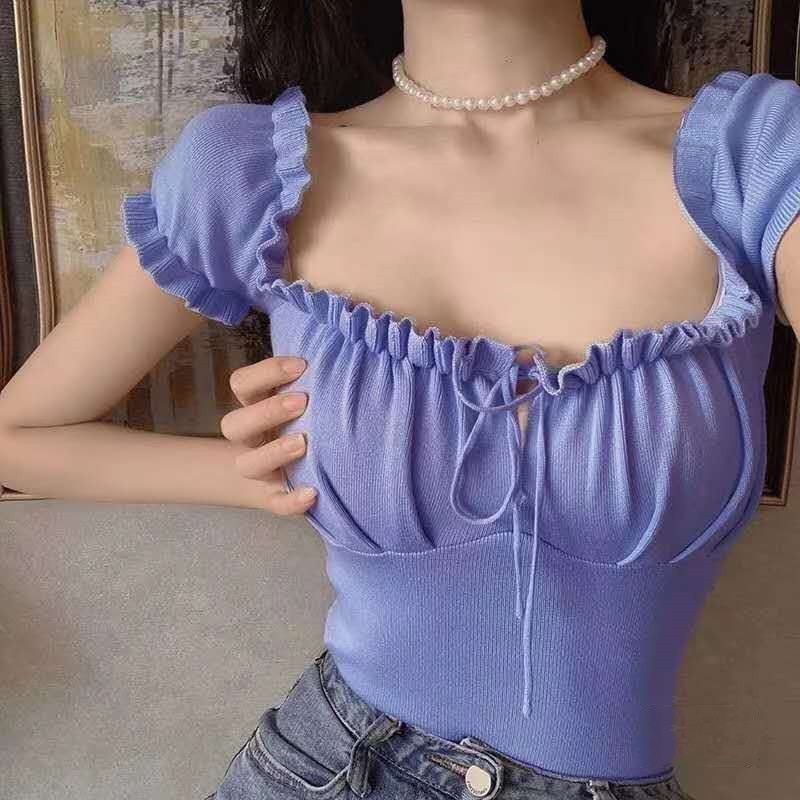 HELIAR Women Knitted Tops Drawstring Ruffles Crop Tees Crop Top Women Off Shoulder Tees Female Y2K Tops For Women 2021 Summer