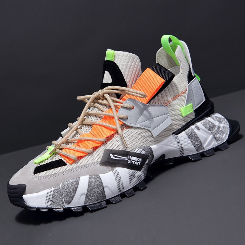 ADBOOV Genuine Leather Knit Fashion Men Sneakers Breathable Sock Chunky Shoes Trainers
