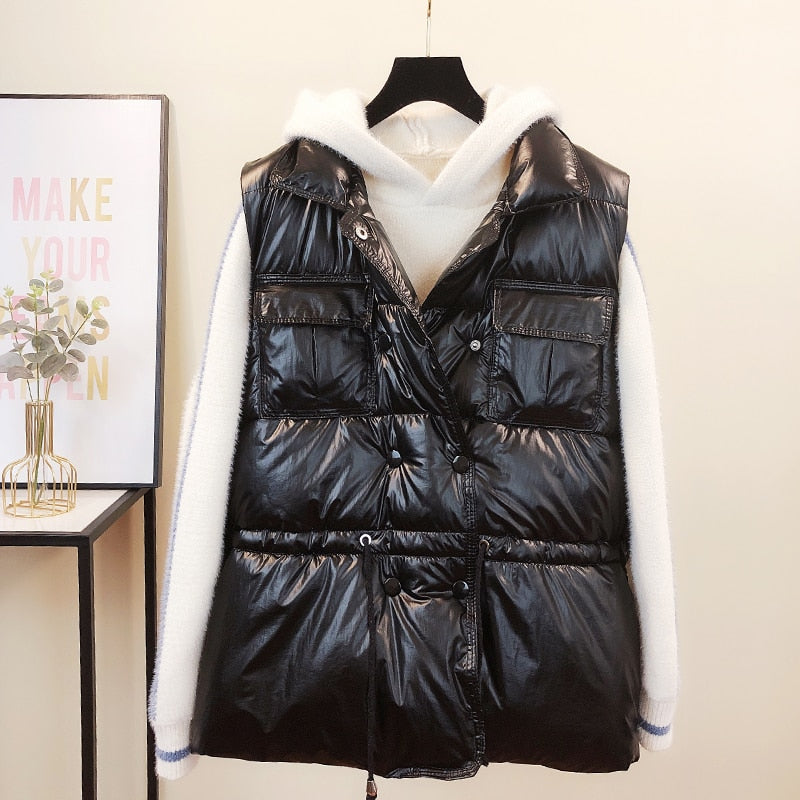 2022Spring Vest Women New Winter Waistcoat Draw Rope Down Cotton Vest Women Wear Loose Korean Bright Face Cotton-padded Feminino