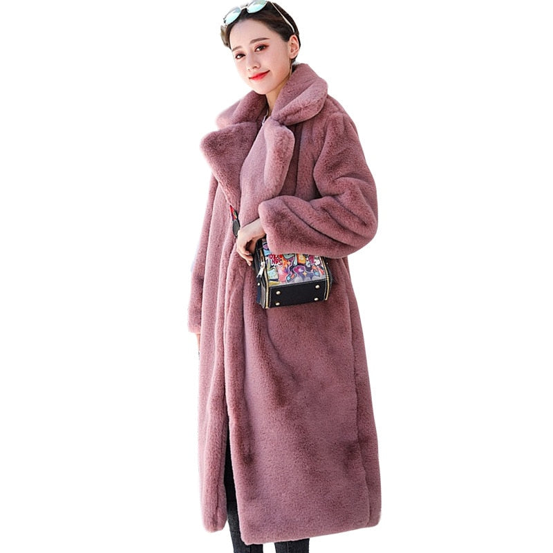 2021 New Women Winter Warm Faux Fur Coat Thick Women Long Coat Turn Down Collar Women Warm Coat With Belt Casaco Feminino