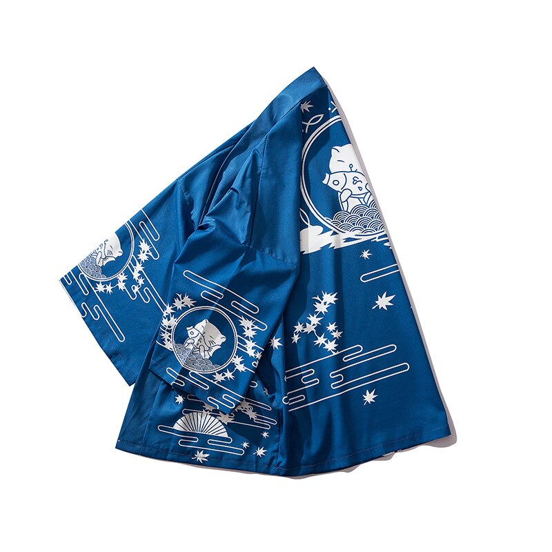 Bebovizi Japan Style Cat Printed Thin Kimono Men Japanese Streetwear Blue Jackets Casual Outerwear 2021