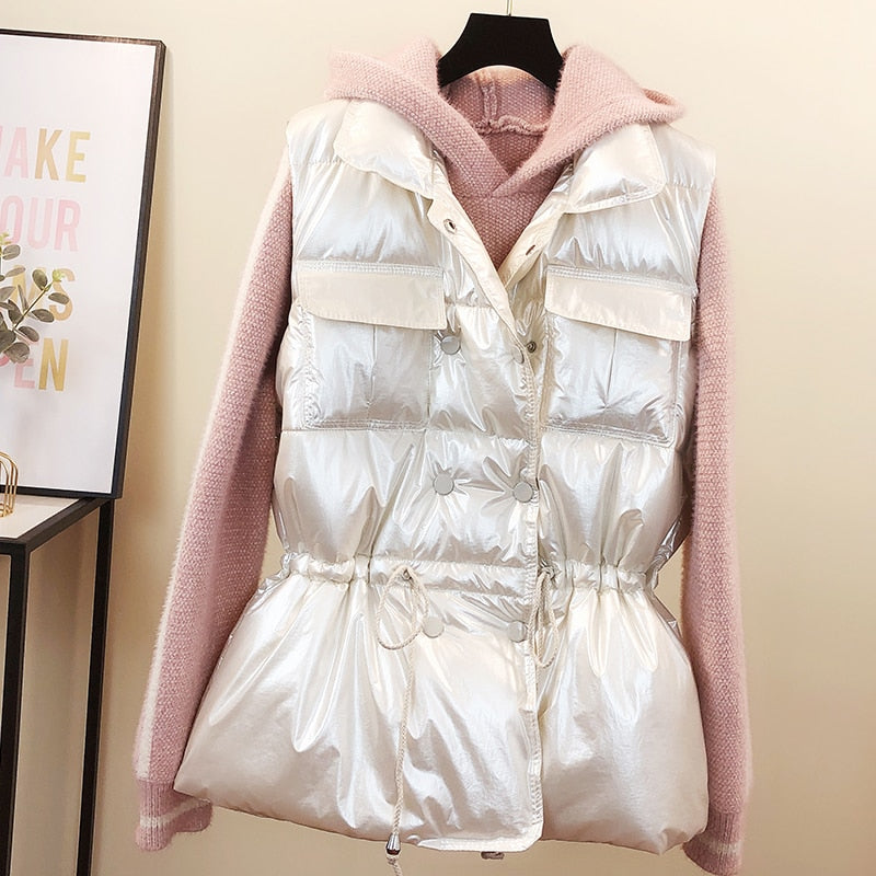 2022Spring Vest Women New Winter Waistcoat Draw Rope Down Cotton Vest Women Wear Loose Korean Bright Face Cotton-padded Feminino