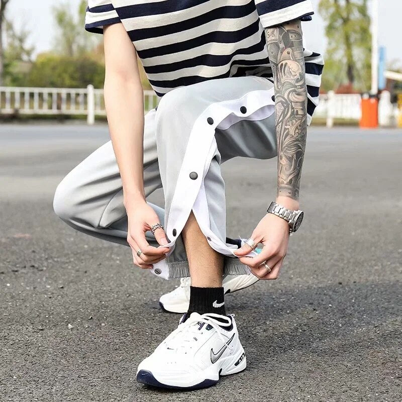 Basketball sports pants men's gray beam legs jogger pants full open buckle fashion button pants loose sweatpants trousers