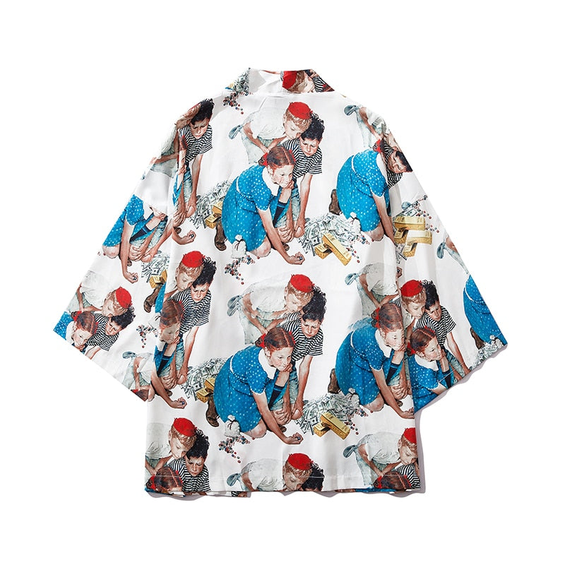 Bebovizi Japan Style Cat Printed Thin Kimono Men Japanese Streetwear Blue Jackets Casual Outerwear 2021