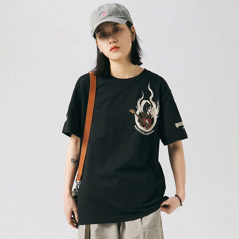 Aolamegs Oversized Men T-Shirt Japanese Geisha Dragon Print T Shirts Casual Anime Tshirt Cotton Summer Streetwear Men's clothing