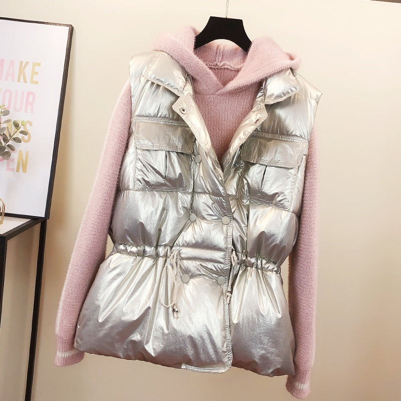 2022Spring Vest Women New Winter Waistcoat Draw Rope Down Cotton Vest Women Wear Loose Korean Bright Face Cotton-padded Feminino