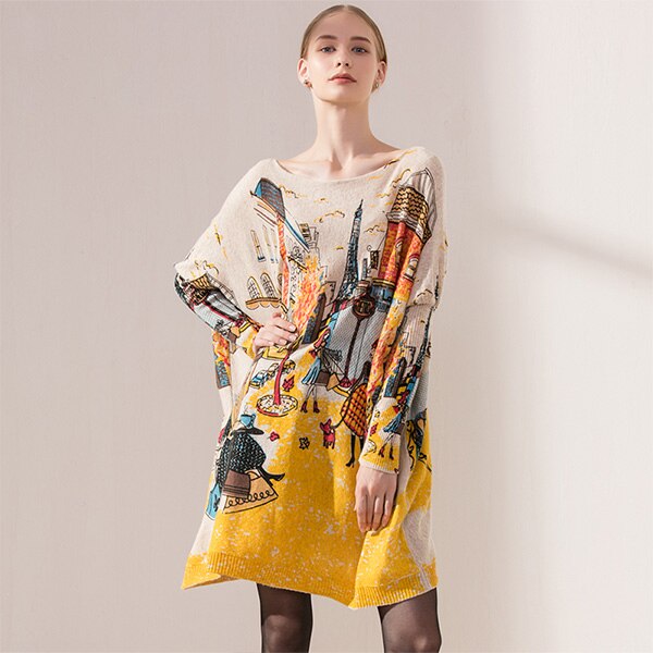 XIKOI Women New Knitted Oversized Sweaters Dress Novel Elegant Ladies Print Winter Warm Long Pullovers Loose Clothing Pull Femme