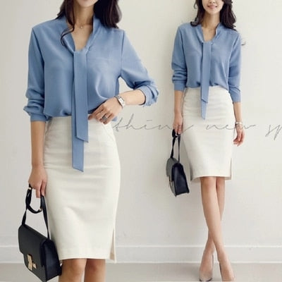 2022 autumn women clothing long sleeve bow tie women shirts Korean loose chiffon blouse shirt women solid color blouse 699C 30