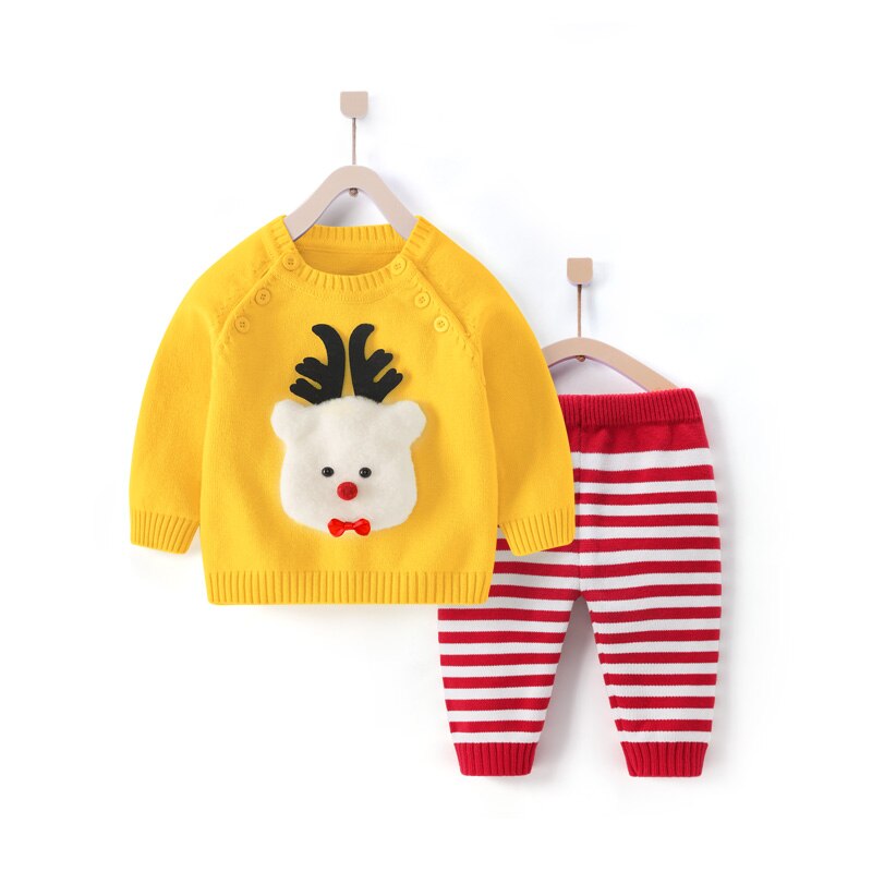 2022 New Autumn Winter Boutique Baby Clothing Sets Lovely Cartoon Pullover Sweater+Striped Pants Infant Boys Girls Sweater Suit