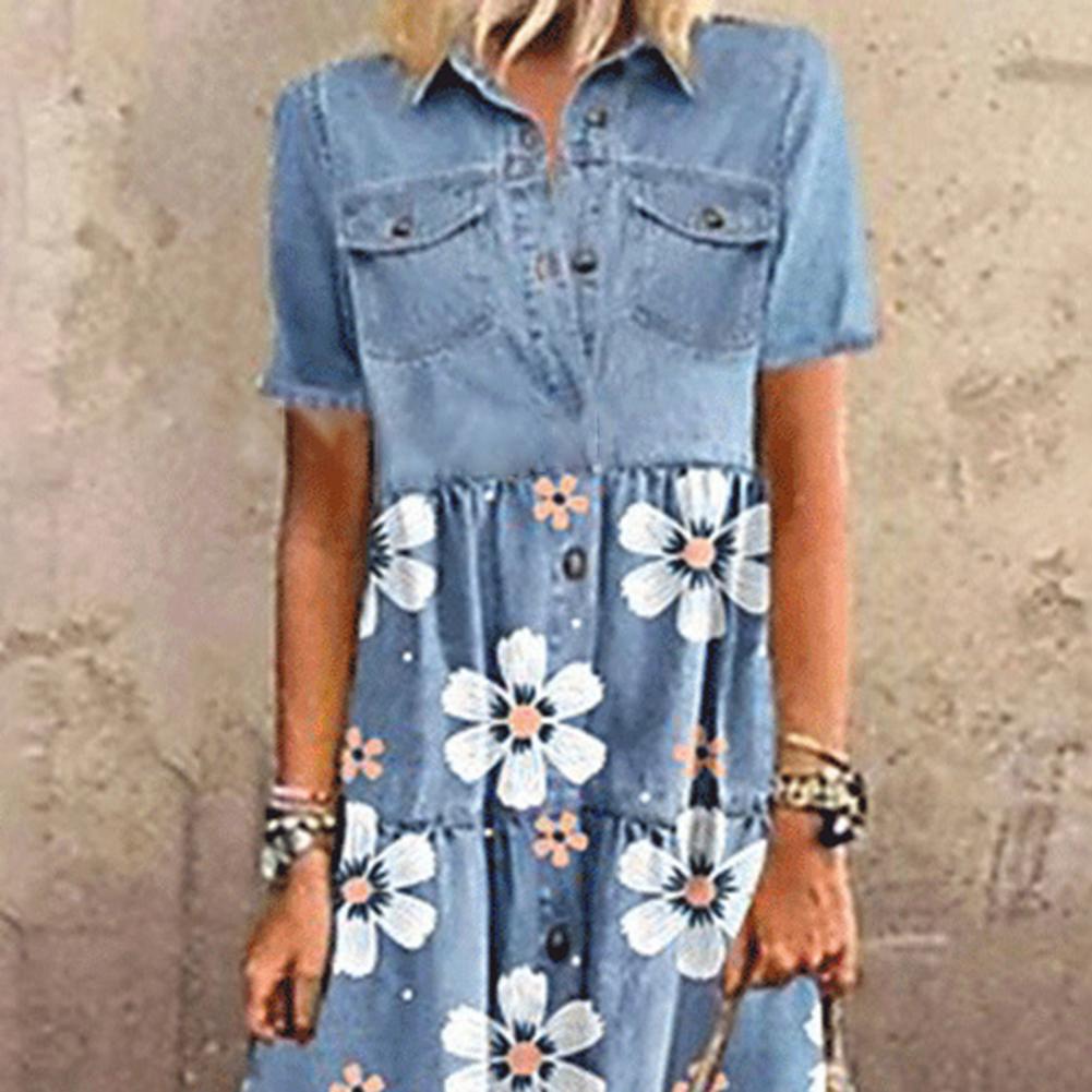 4XL Summer Women Dress Single-breasted Patchwork Short Sleeve Pockets Floral Print Maxi Dress Loose Dresses Robe Femme Vestidos