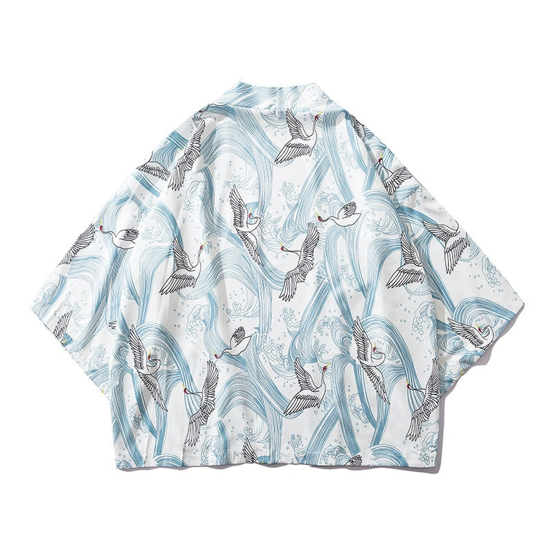 Bebovizi Japan Style Cat Printed Thin Kimono Men Japanese Streetwear Blue Jackets Casual Outerwear 2021