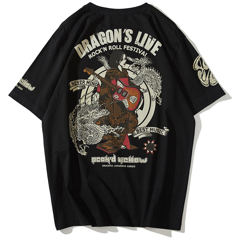 Aolamegs Oversized Men T-Shirt Japanese Geisha Dragon Print T Shirts Casual Anime Tshirt Cotton Summer Streetwear Men's clothing