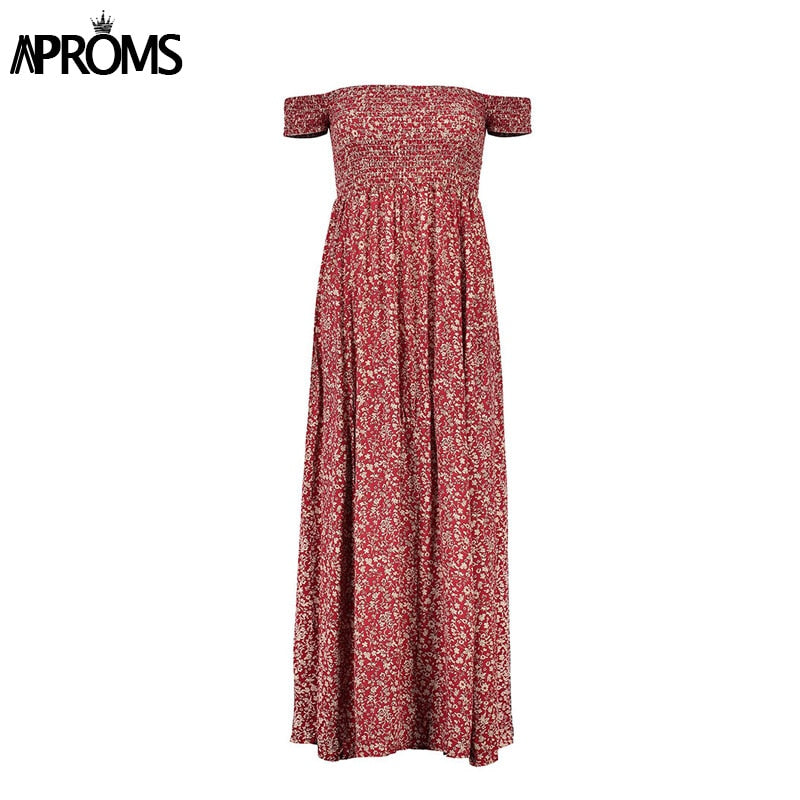 Aproms Sweet Pleated Tube Tunic Maxi Dress Red Floral Off Shoulder High Split Beach Dress Summer 2021 Boho Cool Girls Sundresses