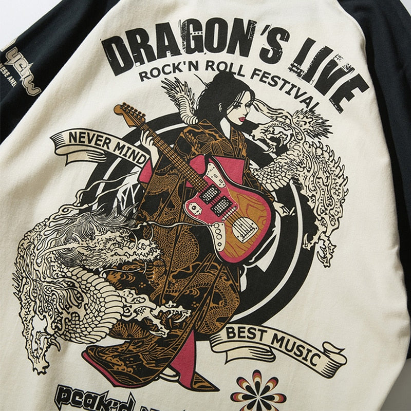 Aolamegs Oversized Men T-Shirt Japanese Geisha Dragon Print T Shirts Casual Anime Tshirt Cotton Summer Streetwear Men's clothing