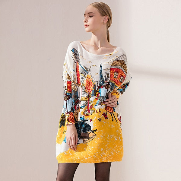 XIKOI Women New Knitted Oversized Sweaters Dress Novel Elegant Ladies Print Winter Warm Long Pullovers Loose Clothing Pull Femme