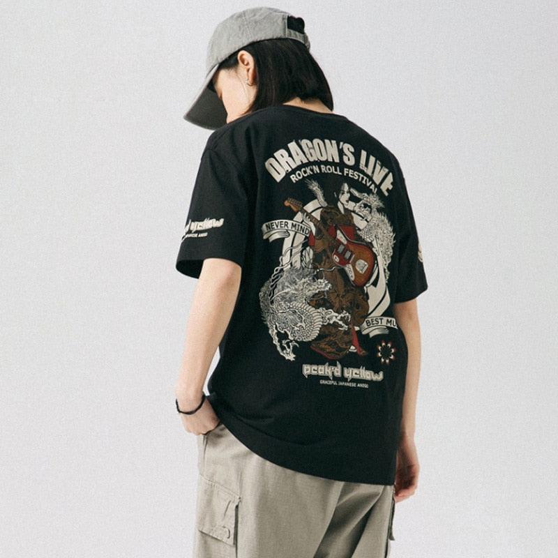 Aolamegs Oversized Men T-Shirt Japanese Geisha Dragon Print T Shirts Casual Anime Tshirt Cotton Summer Streetwear Men's clothing