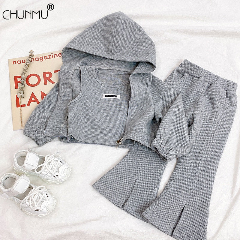 Autumn Girls Baby Fashion Clothing Sets Kids Sports Suits Split Flared Pants Hooded Jacket 3Pcs Outfits Winter Princess Knitwear