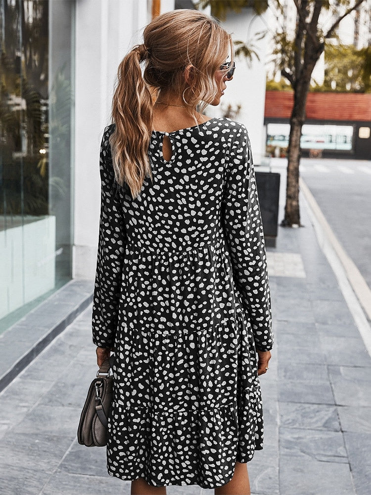 Autumn Winter Print Dress Women Casual Button A Line Loose Knee Length Dress 2022 New Fashion