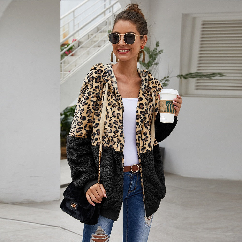 Autumn Winter Leopard Sweatshirts Women 2022 Long Sleeve Hooded Hoodies Casual Zipper Thick Hoodie Top Warm Coat Polerones Mujer