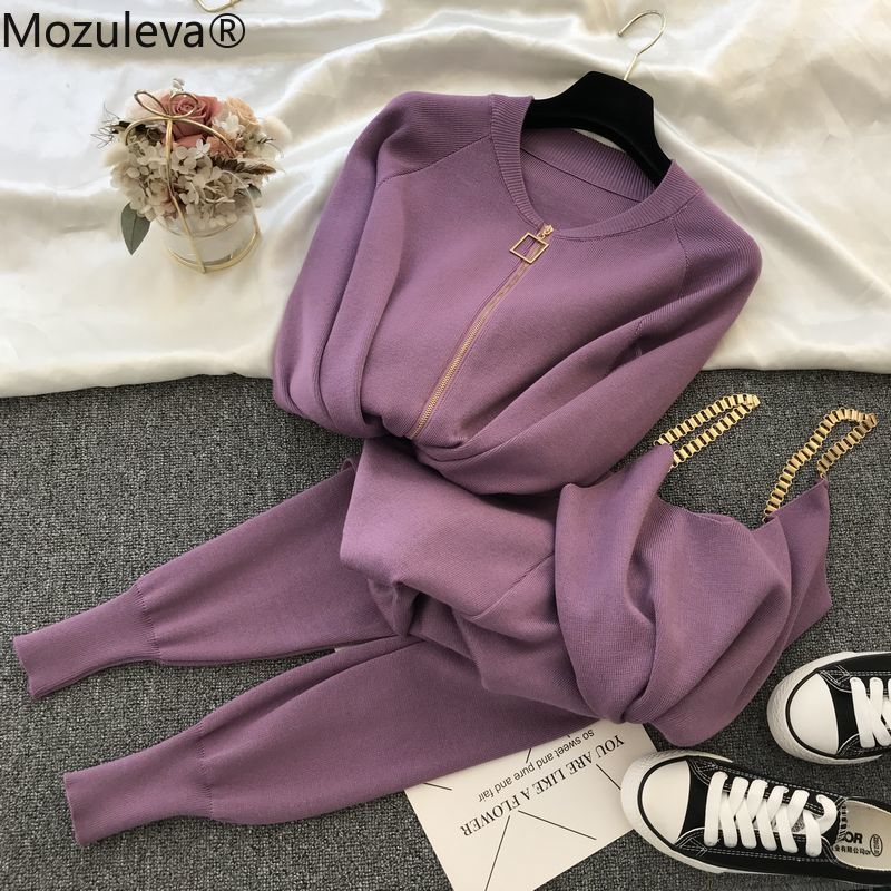 mozuleva Women 2022 Autumn Winter Knitted Vest Zipper Cardigans Pants 3pcs Sets Tracksuits Outfits