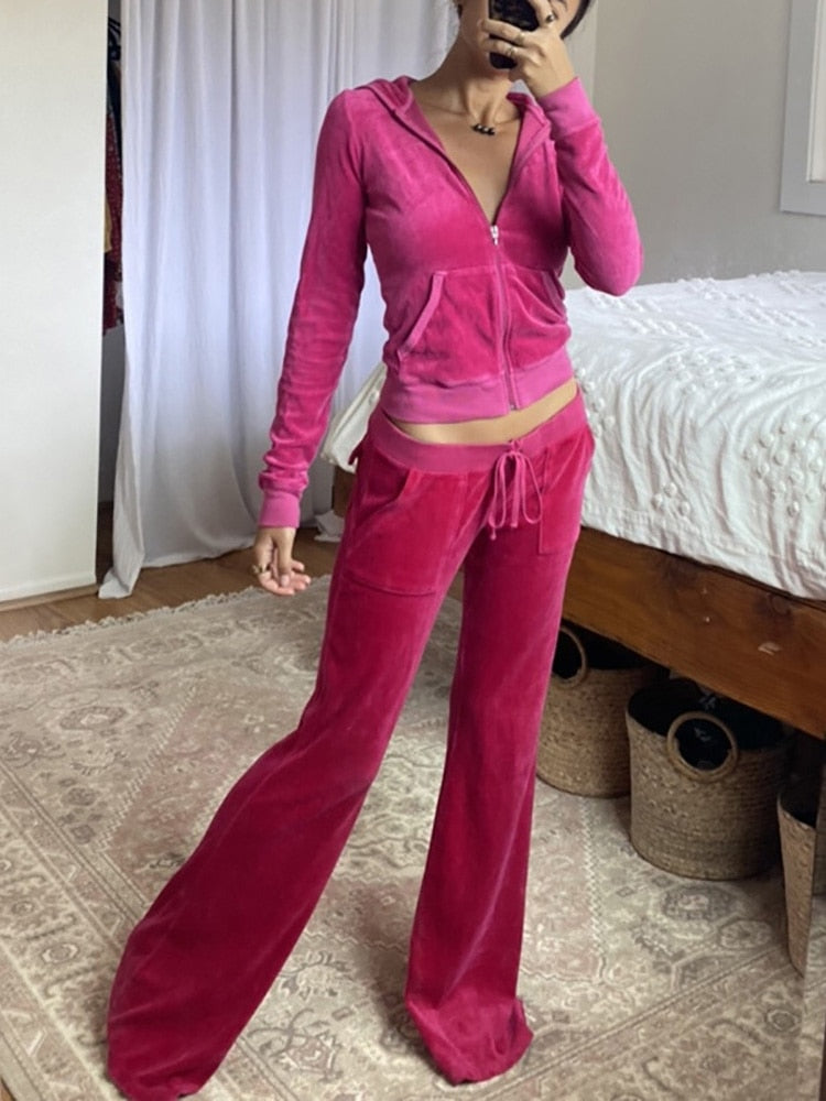 ALLNeon 2000s Aesthetics Pink Velour Sets Slim Y2K Streetwear Zip Up Hoodie and Drawstring Low Waist Pants Co-ord Suits Women