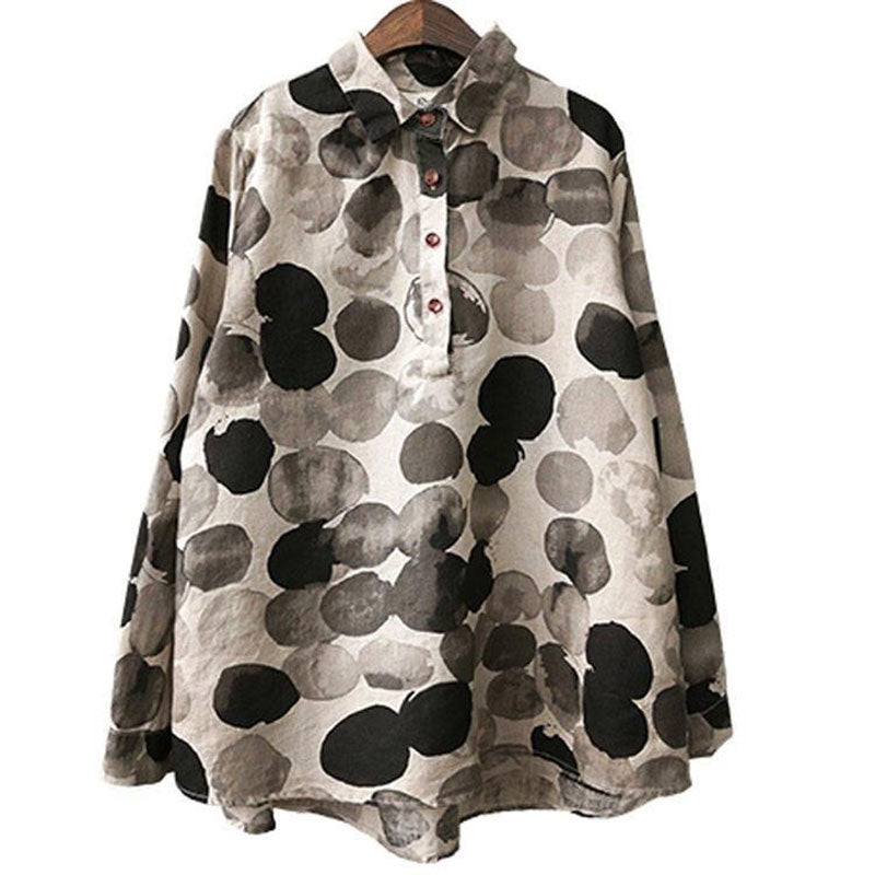 2022 New Spring Women Shirts Long Sleeve Cotton Linen Button Casual Shirts Vintage Polka Dot Print Vintage Blouses Tops P11