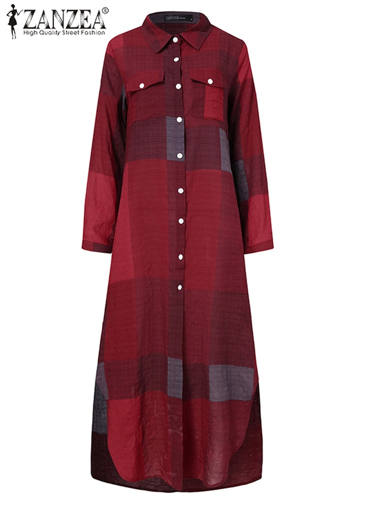 Autumn Elegant Women Maxi Shirt Dresses 2022 ZANZEA Vintage Ladies Long Sleeve Vestidos Casual Plaid Robe Longue