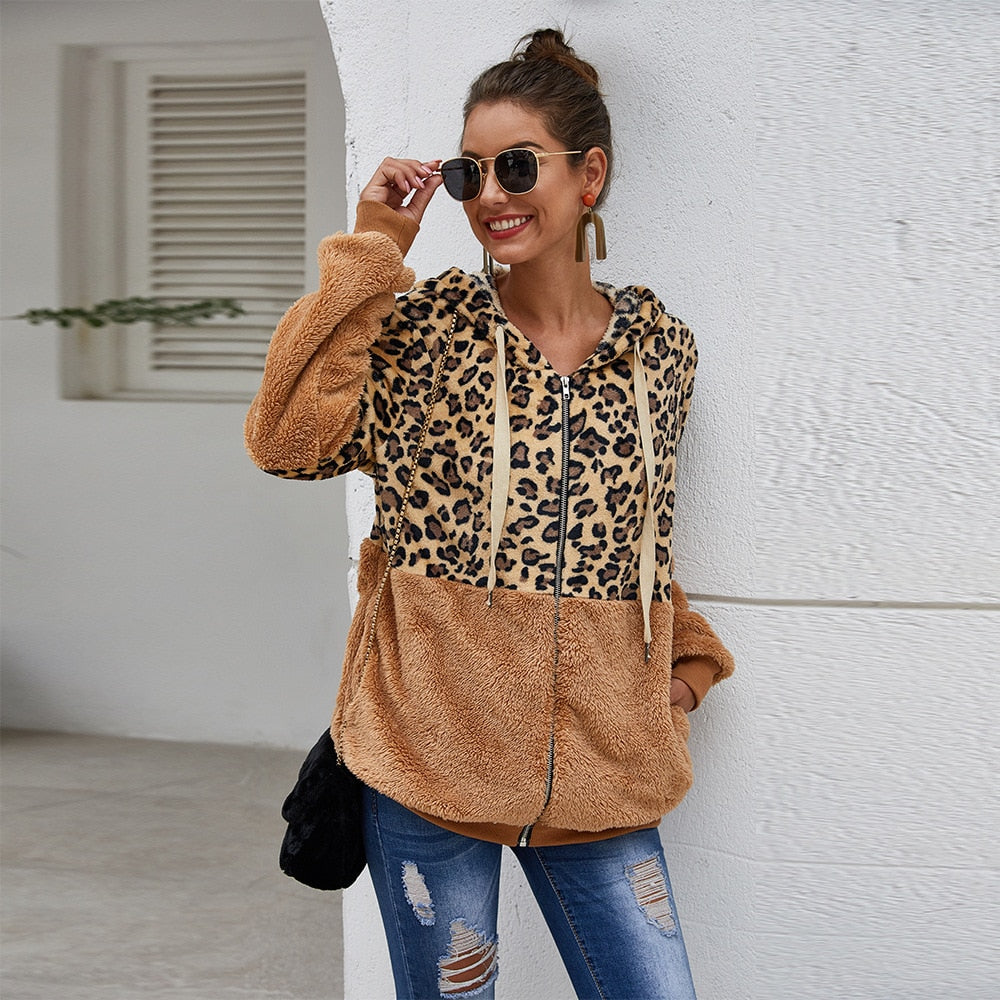 Autumn Winter Leopard Sweatshirts Women 2022 Long Sleeve Hooded Hoodies Casual Zipper Thick Hoodie Top Warm Coat Polerones Mujer