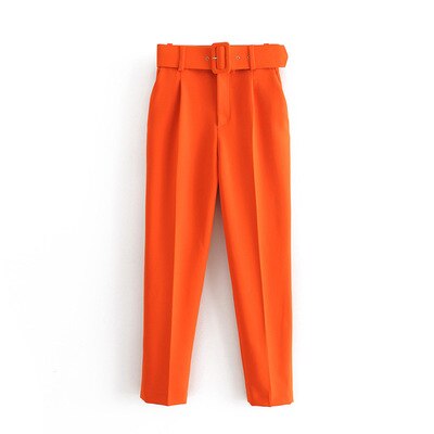 WOTWOY Elegant Formal High Waist Pants Women Skinny Office Lady Pencil Pants Women Pockets Sashes Ankle-Length Trousers Women