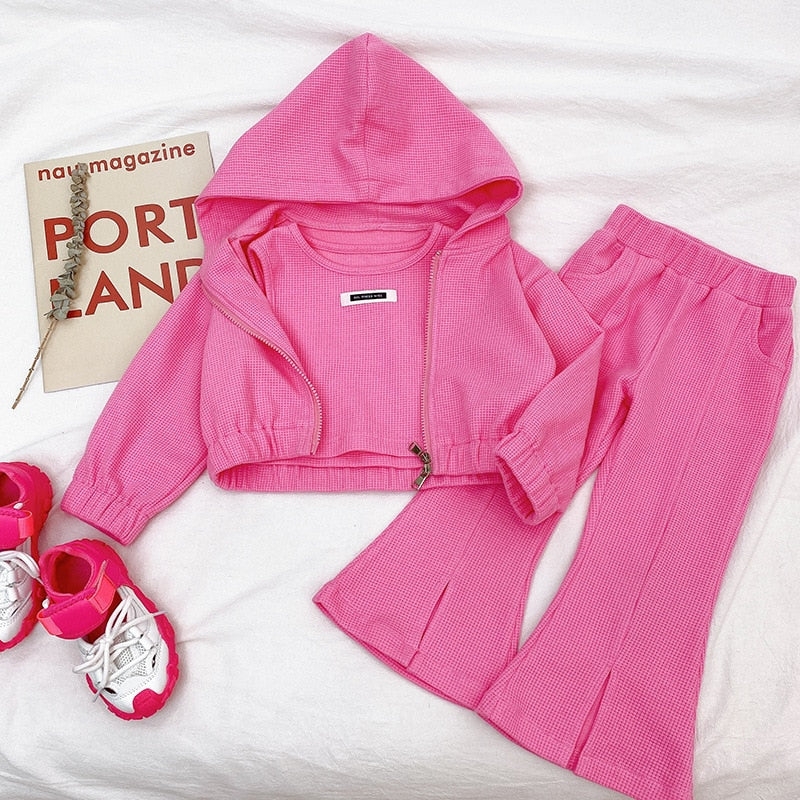 Autumn Girls Baby Fashion Clothing Sets Kids Sports Suits Split Flared Pants Hooded Jacket 3Pcs Outfits Winter Princess Knitwear