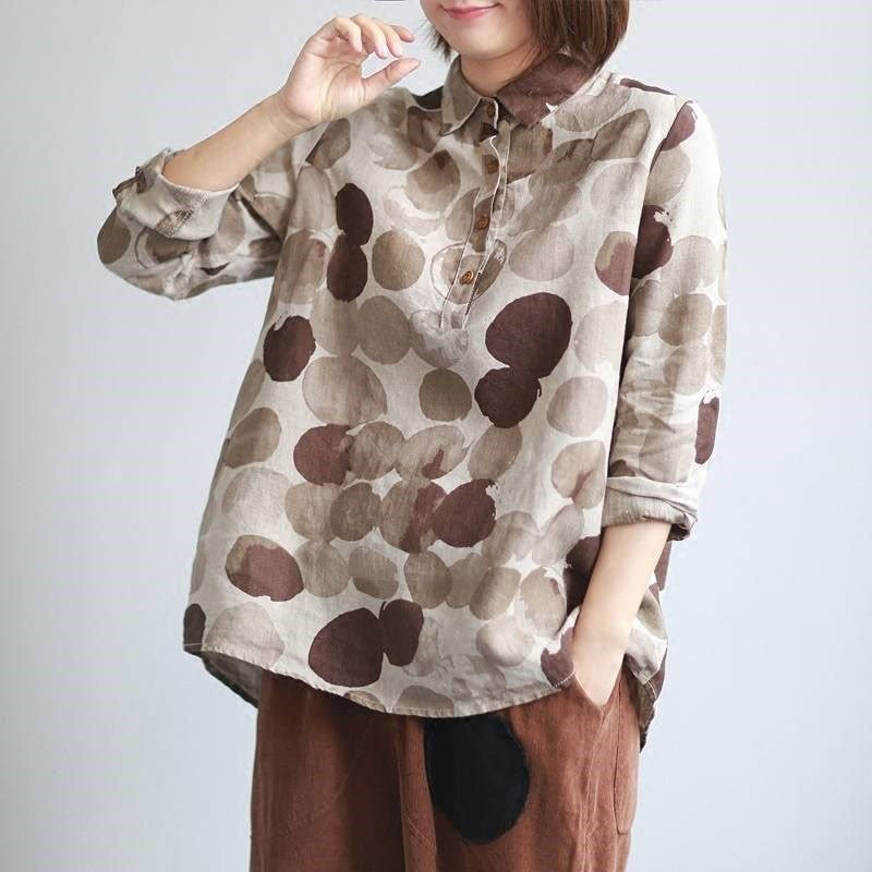 2022 New Spring Women Shirts Long Sleeve Cotton Linen Button Casual Shirts Vintage Polka Dot Print Vintage Blouses Tops P11