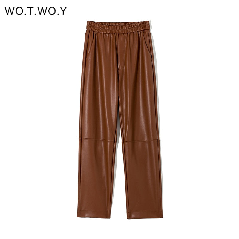 WOTWOY Elastic High Waist Fleece Straight Leather Pants Women Loose Patchwork Faux Leather Trouser Women Pockets Mujer Pantalone