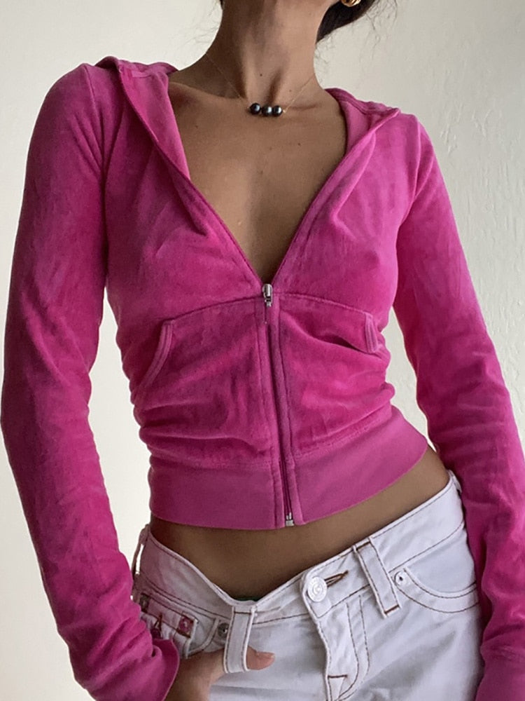 ALLNeon 2000s Aesthetics Pink Velour Sets Slim Y2K Streetwear Zip Up Hoodie and Drawstring Low Waist Pants Co-ord Suits Women