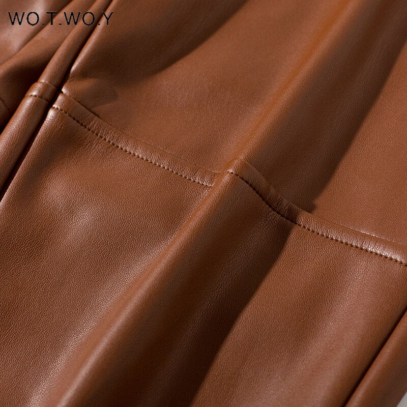 WOTWOY Elastic High Waist Fleece Straight Leather Pants Women Loose Patchwork Faux Leather Trouser Women Pockets Mujer Pantalone