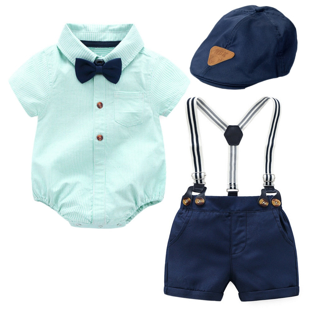 Baby Boys Clothes New Born Cotton Striped Romper + Bow + Navy Shorts + Suspenders Sets Baby Stuff Newborn Clothes 0 3 Months